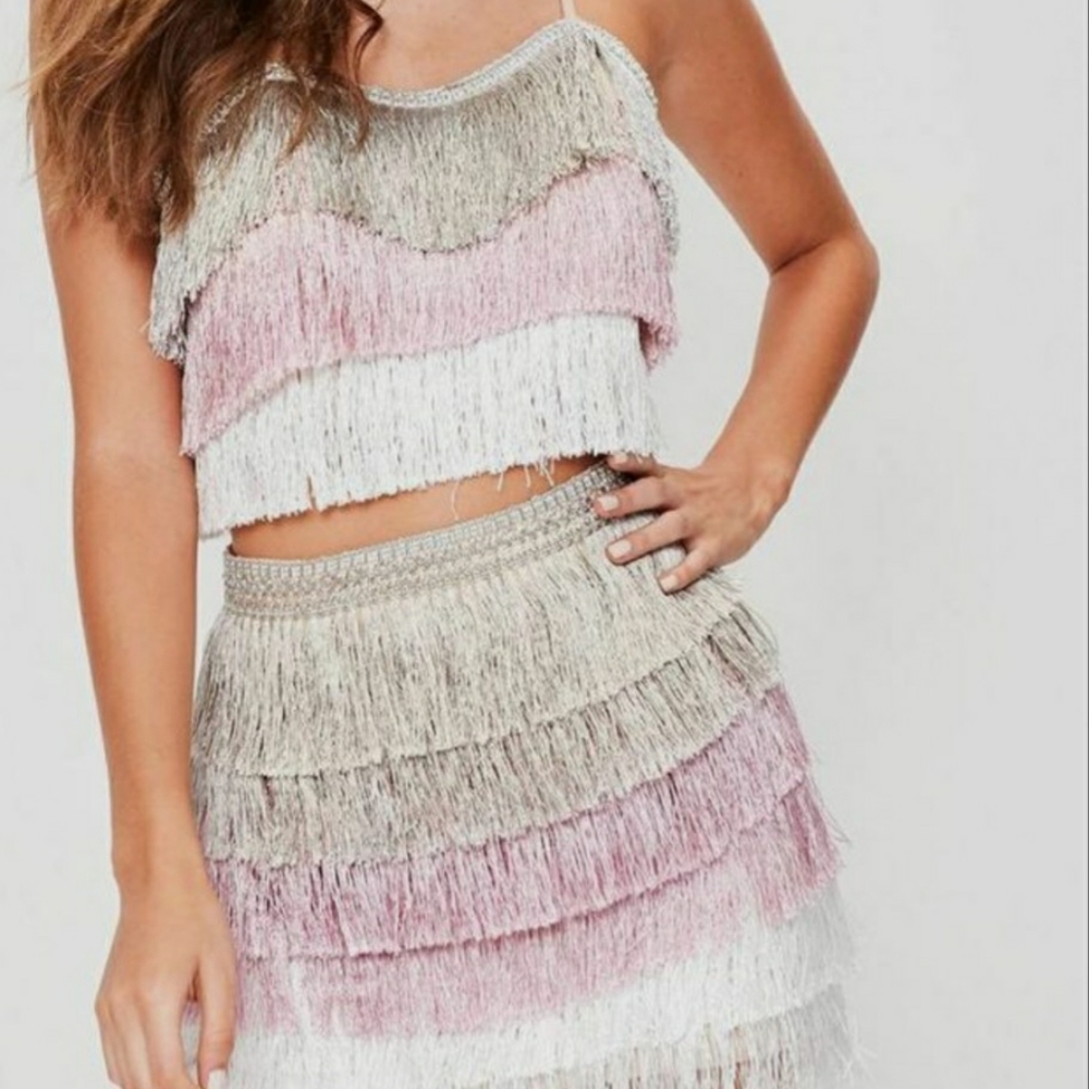 Pink Multi-tiered fringe stripe mini skirt